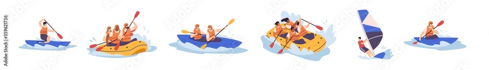 Set of people enjoy active water sports vector illustration. Collection of extreme man and woman rafting, kayaking, canoeing and sailing isolated. Diverse person in protective helmet and vest - obrazy, fototapety, plakaty 