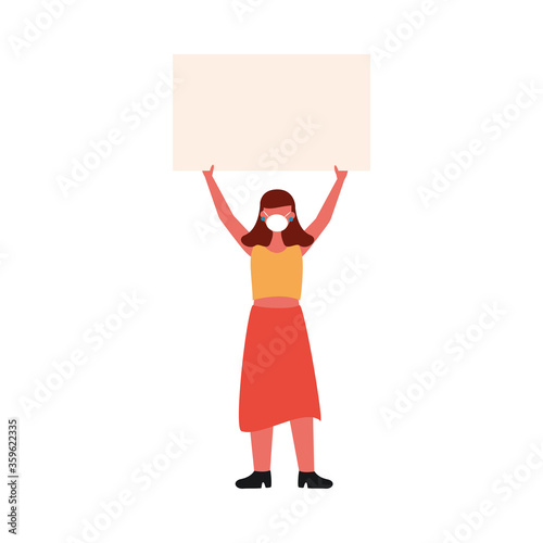 Woman with medical mask and banner board vector design