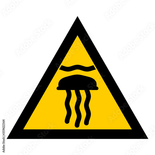 Sign dangerous jellyfish. Yellow triangle marine Stingers. Warning marine danger.  Sign on white background.