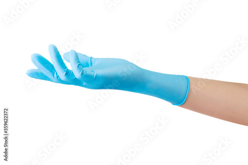 Doctor s hand in medical gloves showing something on palm isolated on white