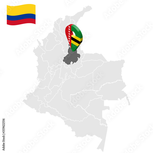 Location of Santander on map Colombia. 3d Santander location sign. Flag of Santander. Quality map with regions  of Colombia for your web site design, logo, app, UI. Stock vector. EPS10.