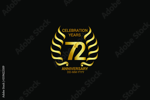 72 year minimalist logo years, jubilee, greeting card. Birthday invitation. Sign wings Line Gold space vector illustration on black background - Vector