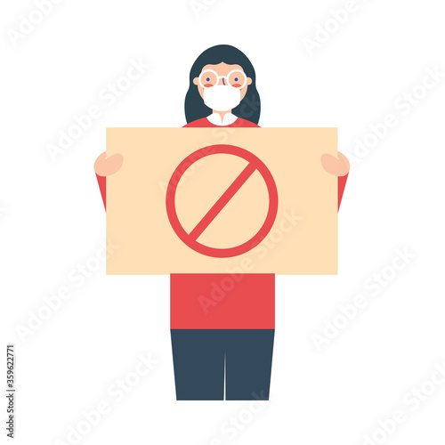 Woman with medical mask and banner board vector design