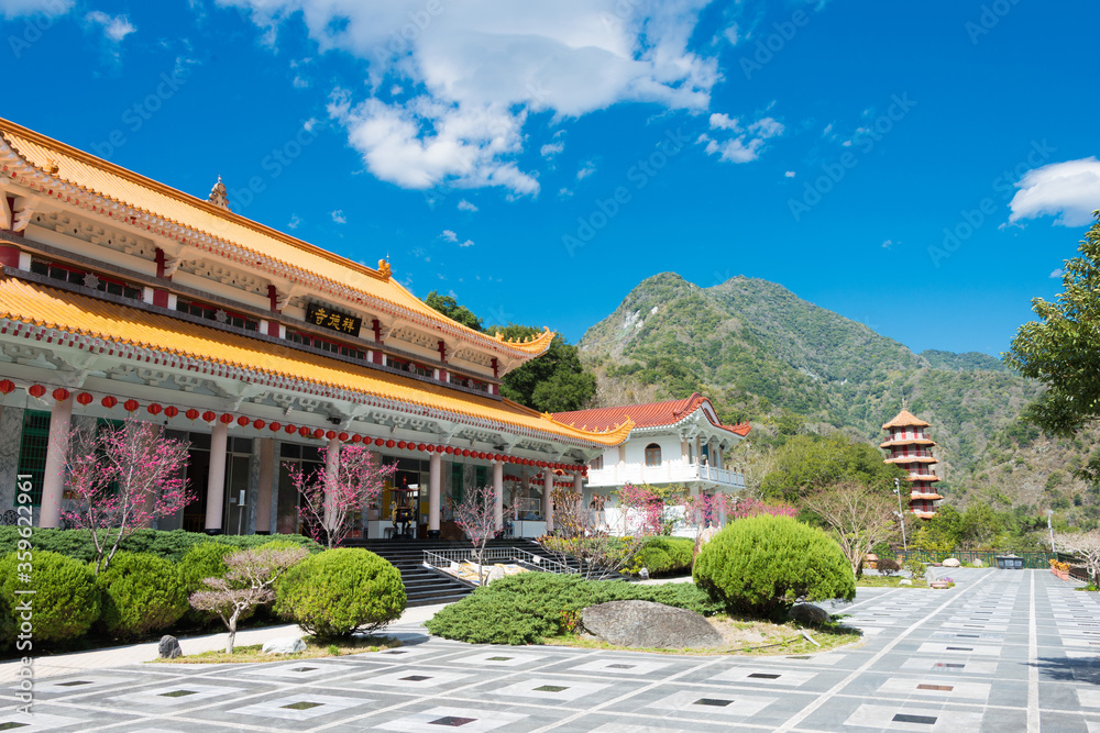 Obraz premium Xiangde Temple at Tianxiang Recreation Area in Taroko National Park, Xiulin, Hualien, Taiwan.