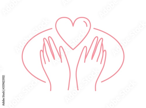 Human hands with heart vector flat illustration in line art style. Symbol of love, care and protection in palms isolated on white background. Contour emblem of kindness and charity