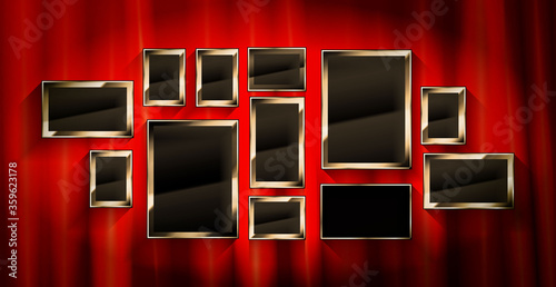 Gold frames with red drapes