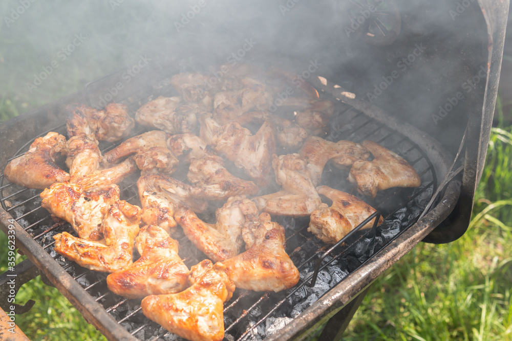 A lot of tasty, delicious, savoury meet (chicken wings) with pleasant odor and meat haze on the grill in the village A lot of tasty, delicious, savoury meet (chicken wings) with pleasant odor and meat haze on the grill in the village