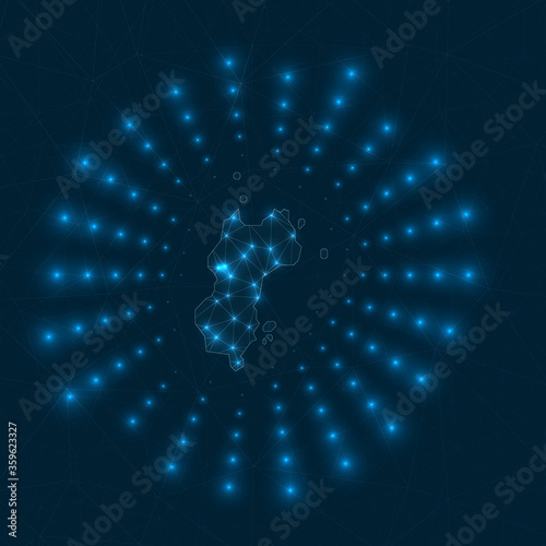 Mustique digital map. Glowing rays radiating from the island. Network connections and telecommunication design. Vector illustration.