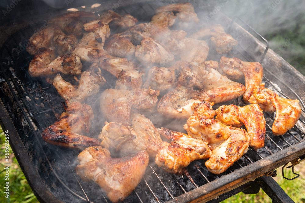 A lot of tasty, delicious, savoury meet (chicken wings) with pleasant odor and meat haze on the grill in the village A lot of tasty, delicious, savoury meet (chicken wings) with pleasant odor and meat haze on the grill in the village