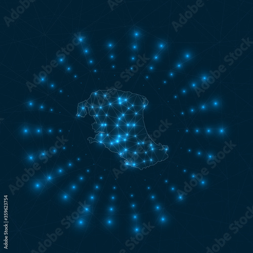 Parrot Cay digital map. Glowing rays radiating from the island. Network connections and telecommunication design. Vector illustration.