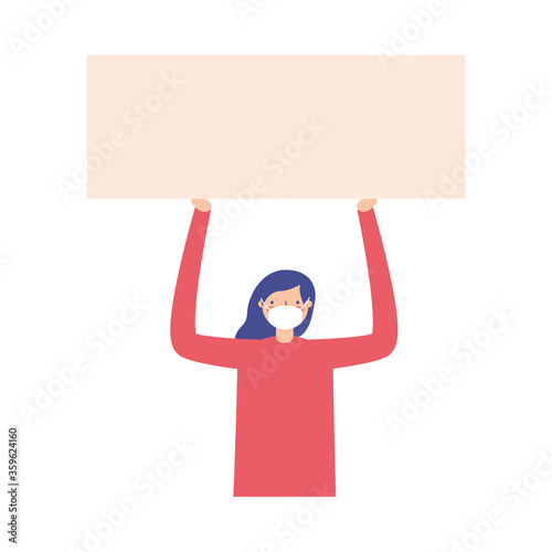Woman with medical mask and banner board vector design