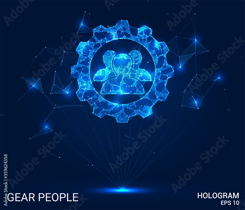 Hologram of people and gears. Engineering from polygons, triangles, points, and lines. People and gears are low-poly joint structure. The technology concept.