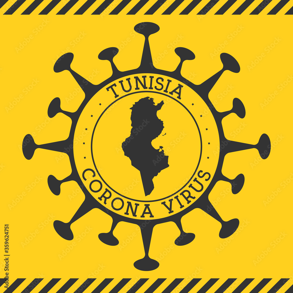 Corona virus in Tunisia sign. Round badge with shape of virus and Tunisia map. Yellow country epidemy lock down stamp. Vector illustration.