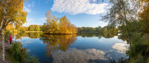 Panorama picture of lake in Gundwiesen recreation area close to Frankfurt airport photo