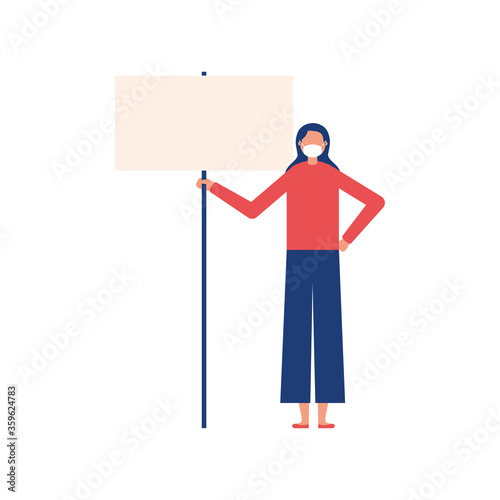 Woman with medical mask and banner board vector design