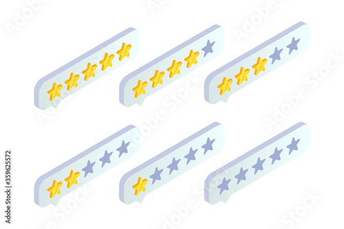 Customer service rate feedback, product review isometric icon. Rating speech bubble button with gold stars isolated on white. Reputation and quality vector illustration for website, infographics, app
