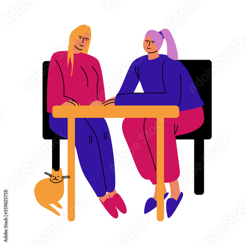 A happy lesbian couple of women sitting at the table in chairs. Vector illustration in cartoon style.