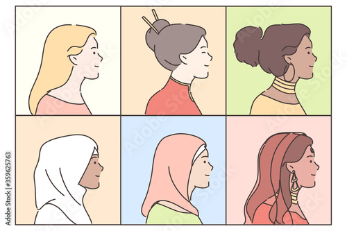 Portraits of women set concept. Images multiracial asian african american muslim arab women girls cartoon characters different nationalities for social media. Profile international people illustration