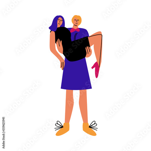 Happy lesbian woman in blue dress holds on hands her female partner. Vector illustration in cartoon style.