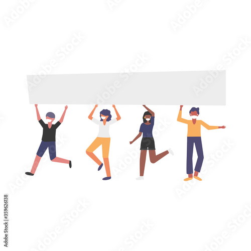 People with medical masks and banners boards vector design