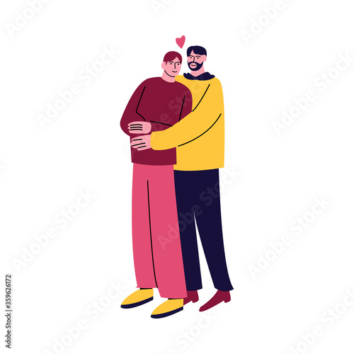 A happy gay couple of men standing in casual clothes and hugging. Vector illustration in cartoon style.