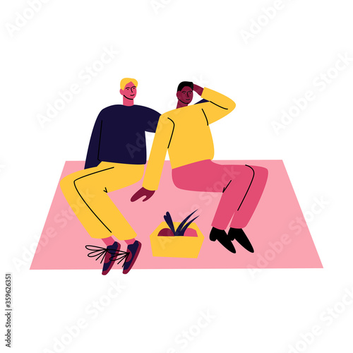 A happy gay couple of men in casual clothes sitting on the rug and hugging. Vector illustration in cartoon style.