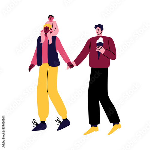 A happy gay couple of men in casual clothes walking with a little boy on shoulders. Vector illustration in cartoon style.