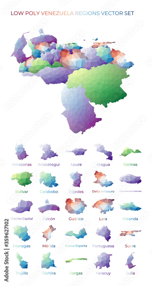 Fototapeta premium Venezuelan low poly regions. Polygonal map of Venezuela with regions. Geometric maps for your design. Stylish vector illustration.