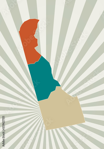 Delaware map. Poster with map of the US state in retro color palette. Shape of Delaware with sunburst rays background. Vector illustration.