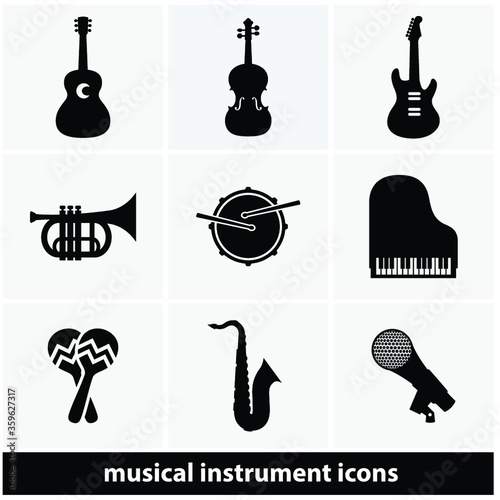 Music instrument icon set vector icons with acoustic guitar, electric guitar, violin, trumpet, snare drum, grand piano, maracas shakers, a saxophone, and a microphone.