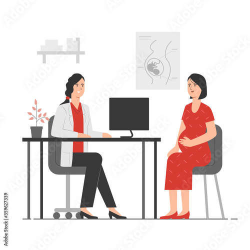 Pregnant woman visiting doctor. Young woman with big tummy discuss with gynecologist