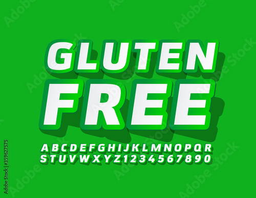 Vector green sign Gluten Free with Sticker style Font. Creative Alphabet Letters and Numbers