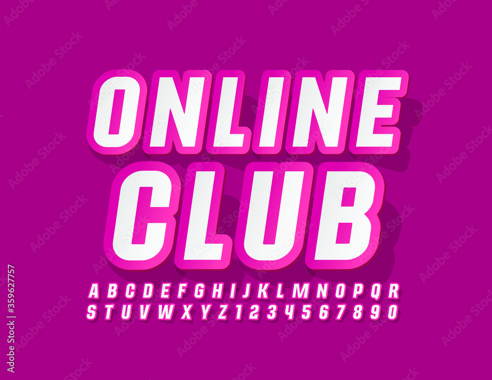 Vector creative emblem Online Club.  Violet and White Sticker Font. Decorative Alphabet Letters and Numbers