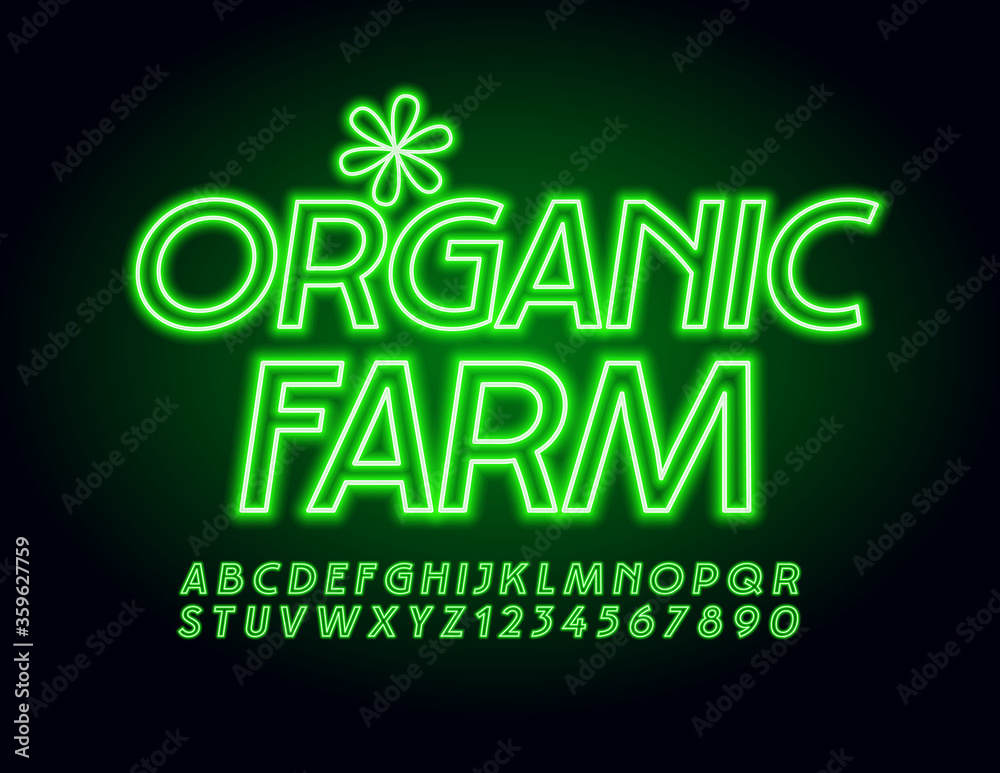 Fototapeta premium Vector logo Organic Farm with decorative Flower. Green Neon Font. Electric Alphabet Letters and Numbers