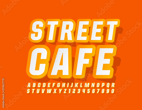Vector summer style sign Street Cafe with Modern Font. Yellow and White sticker Alphabet Letters and Numbers