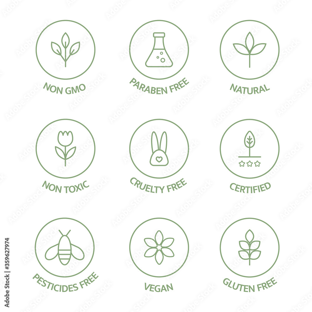 Organic cosmetic badges collection. Product free allergen line icons set. Organic stickers. Natural products labels. GMO free emblems. Healthy eating. Vegan, bio food. Vector illustration