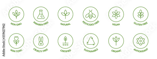 Organic cosmetic line icons set. Product free allergen labels. Natural products badges. GMO free emblems. Organic stickers. Healthy eating. Vegan, bio food. Vector illustration