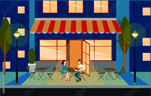 Couple at romantic dinner vector illustration. Lovers sitting at table. A date in a street cafe under the lights. A man plays the guitar. Cartoon vector illustration