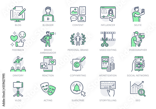 Blogger line icons. Vector illustration included icon as blog monetization, video editing, personal brand, copywriting outline pictogram of social media content. Green color, Editable Stroke