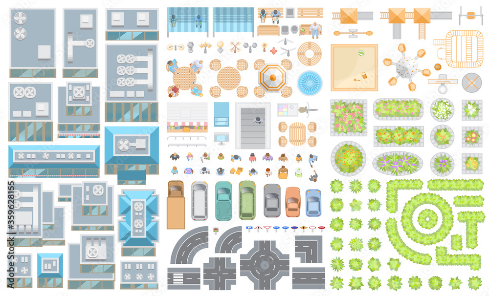 Set of landscape elements. Houses, architectural elements, furniture, plants. Top view. Road, cars, people, furniture, houses, playground, flowerbed. View from above. 