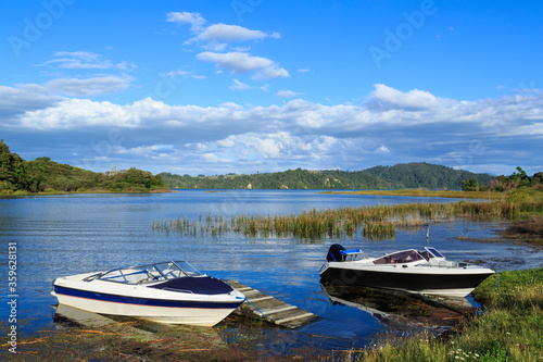 Motorboats and water plants at the edge of a lake. Photographed at Lake Rotoma in the Rotorua Lakes District, New Zealand © Michael