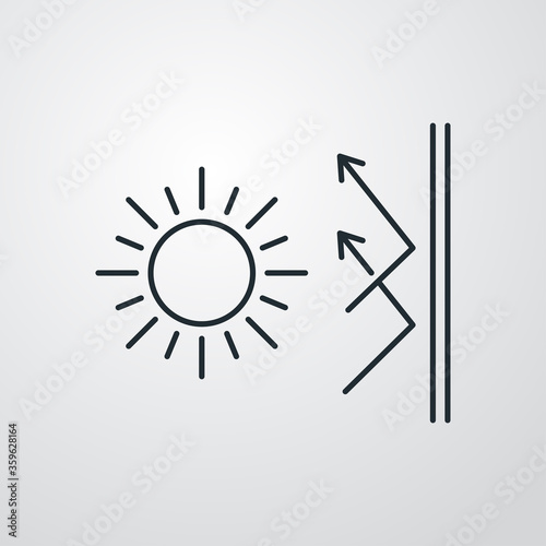 Concepto vacaciones de verano. Protección solar. Icono plano lineal sol y flechas rebotando en pared en fondo gris