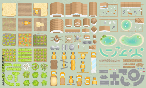 Vector set. Green farm. (top view) Fields, vegetable gardens, hangars, buildings, barns, agricultural machinery, ponds, road. (view from above)