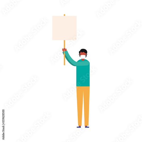 Man with medical mask and banner board vector design
