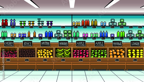 Supermarket background. Grocery store shelves are full of products for sale. Variety of fruit in the supermarket. Vector illustration.
