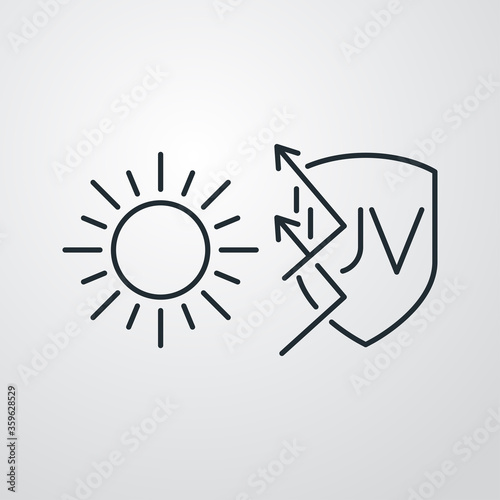 Concepto vacaciones de verano. Crema solar. Icono plano lineal palabra UV en escudo con sol y flechas en fondo gris 