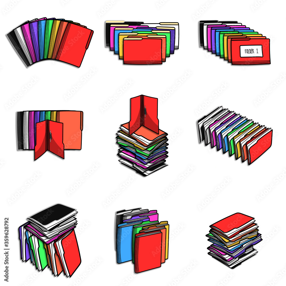 Colorful office paper file folder. Office paper documents, file folders and some office stationery. Vector illustration collection set. Colorful office paper file folder. Office paper documents, file folders and some office stationery. Vector illustration collection set.