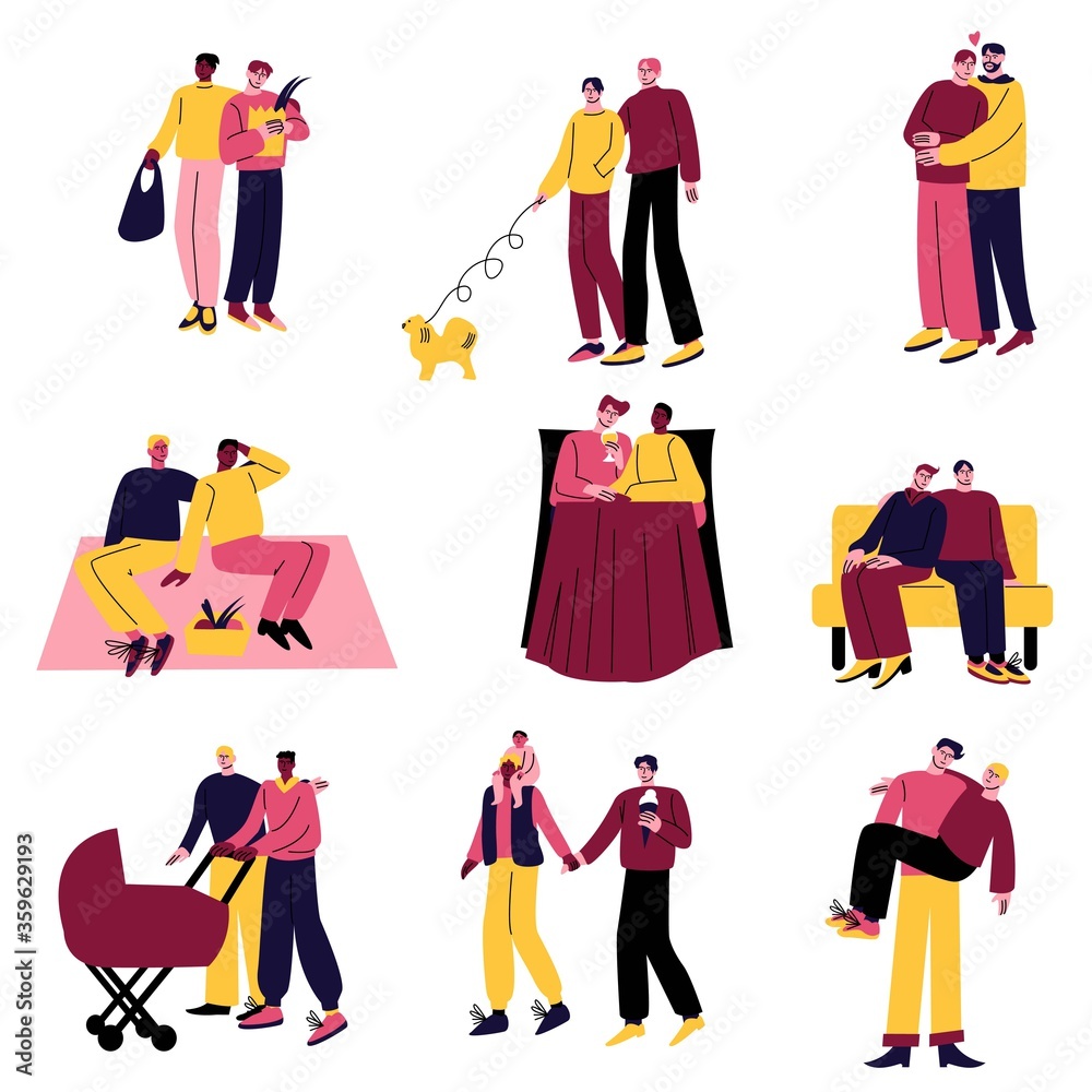 Set of happy homosexual gay couples in different life situations. Vector illustration in the flat cartoon style.