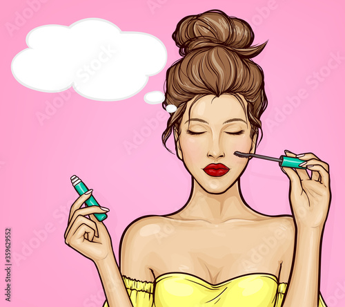 Pop art beautiful young woman with closed eyes applies mascara. Vector illustration of pretty girl holding a cosmetics for makeup and painting eyes. Advertising banner or promo poster template.