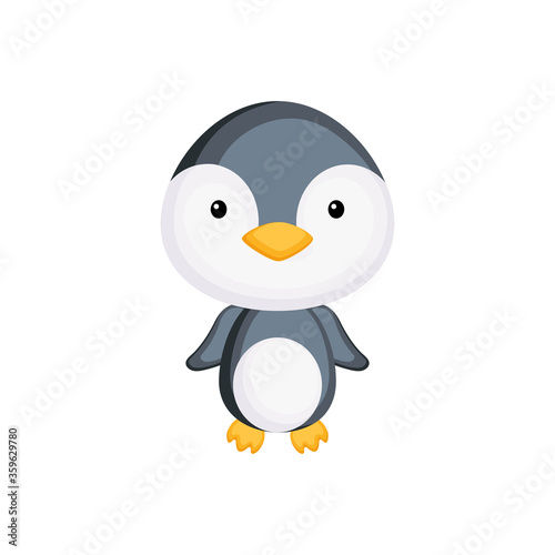 Cute funny baby penguin isolated on white background. Arctic adorable animal character for design of album, scrapbook, card and invitation. Fun zoo. Flat cartoon colorful vector illustration.